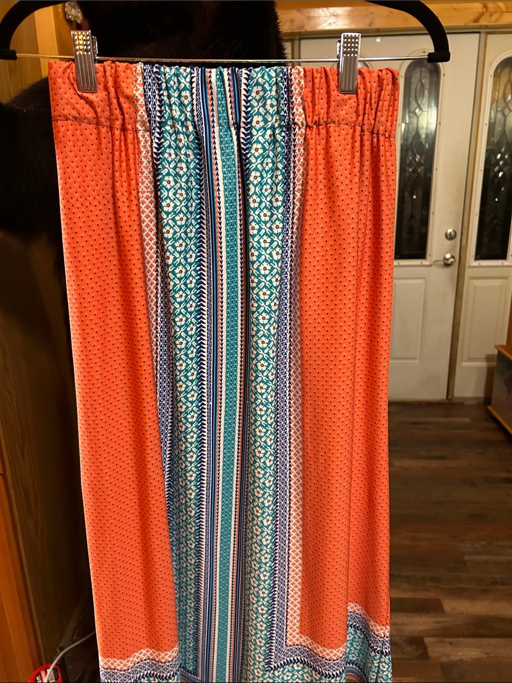 Women's Orange Maxi Skirt with Teal Stripe Panel